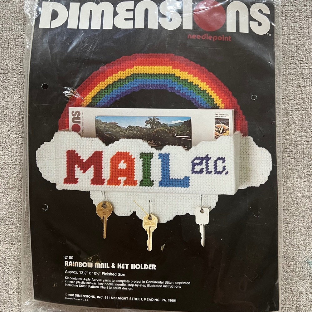 Vintage 1981 Dimensions Rainbow Mail & Key Holder Needlepoint Kit 2180 Retro DIY